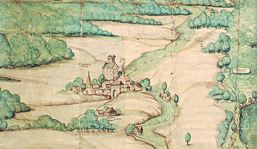 Bödigheim bei Buchen (Odenwald), umgeben von den zwischen Herrschaft und Gemeinde strittigen Wäldern, kolorierte Jagdgrenzkarte, Ausschnitt, 1593. Quelle LABW (GLAK H Buchen 1)