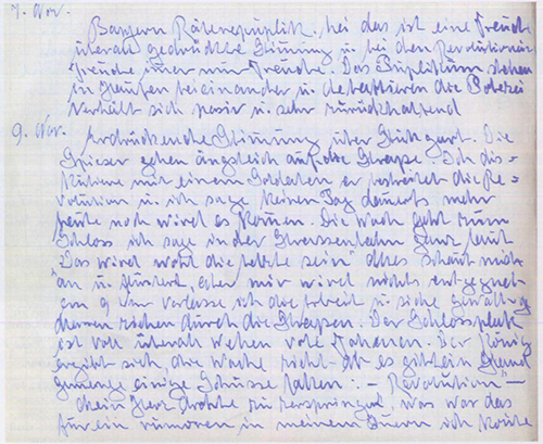 Tagebucheintrag von Karl Fraaß zum 9. November 1918 - Quelle: LABW (StAL sarchiv Ludwigsburg PL 7 Bü. 1)