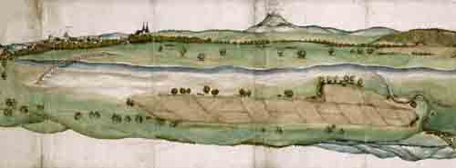 Die älteste bekannte Ansicht von Göppingen, 1534/35, in der Bildmitte der Hohenstaufen (HStA N 1 Nr. 1)
