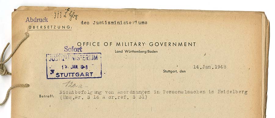 Die US-Militärregierung reagierte am 14. Januar 1948 auf die Vorwürfe im Mannheimer Morgen und verlangte eine Stellungnahme des Justizministeriums. Vorlage: Landesarchiv BW, HStAS EA 4/004 Bü 4