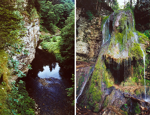 Die Wutach bei Bonndorf-Boll (links) - Kalktuff-Felsen in der Wutachschlucht an der Einmündung des Tannegger Bachs (rechts) - Quelle LMZ BW