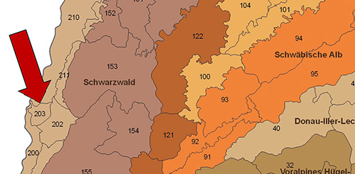 Der Kaiserstuhl in der Großlandschaft Südliches Oberrhein-Tiefland - Quelle LUBW