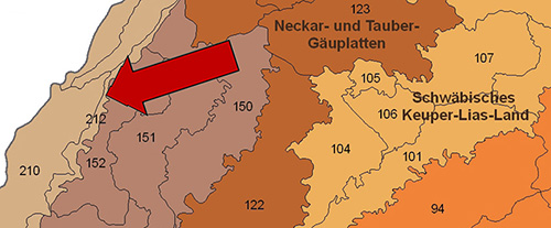 Die Ortenau-Bühler Vorberge in der Großlandschaft Mittleres Oberrhein-Tiefland - Quelle LUBW
