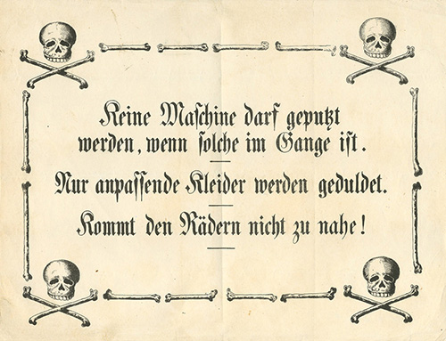 Plakat mit Warnhinweisen für die Arbeit an Feinspinnmaschinen, 1870er Jahre – Quelle LABW (HStAS E 146 Bü 6089, Bild 2)