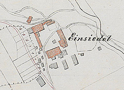 Auf dem Lageplan aus dem Jahr 1860 sind eine neue Straße und die der Glasproduktion dienenden Gebäude rot eingezeichnet – Quelle LABW (StAWt-R Lit. B Nr. 3328 f)