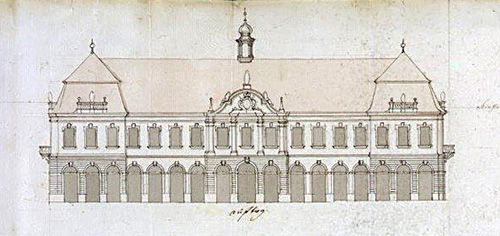 Entwurf für ein neues Rathaus in Ellwangen, kolorierte Federzeichnung von Balthasar Neumann, 1748 – Quelle LABW (StAL B 416 Bü 5 Plan 2)