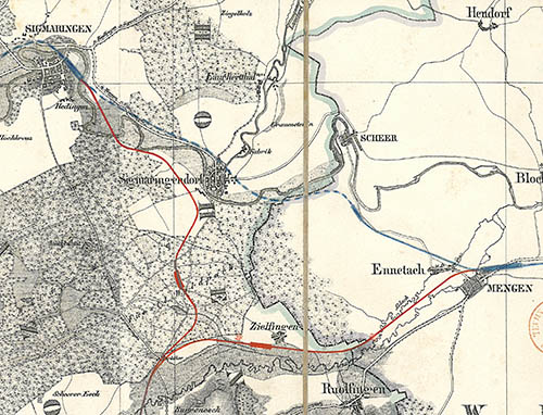 StAS Ho 235 T 11-12 Nr. 758 Kartenausschnitt mit Einzeichnung der bestehenden bzw. projektierten Bahnstrecken, 1871. Quelle LABW (StAS Ho 235 T 11-12 Nr. 758)