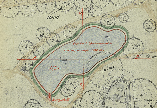 Lageplan zweier Feuerlöschteiche im Stuttgarter Schlossgarten, 1942. Quelle LABW (StAL FL 405/5 Bü. 968 Qu. 38 a)