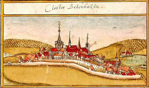 Kloster Bebenhausen bei Tübingen von Nordwesten aus dem Forstlagerbuch, kolorierte Zeichnung von Andreas Kieser, 1583. Quelle LABW (HStAS H 107/18 Nr. 52 Bl. 17)