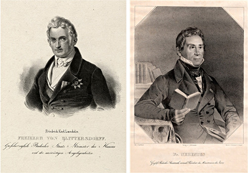 Friedrich Landolin Karl von Blittersdorf (1792 – 1861) und Karl Friedrich Nebenius (1784 – 1857). Quelle LABW (GLAK J-Ac B 14 und GLAK J-Ac N 9) 