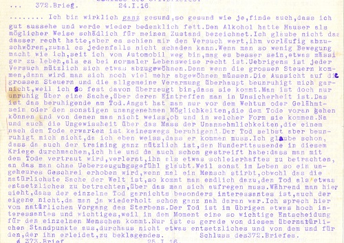 Auszug aus dem 372. Kriegsbrief vom 24. Januar 1916 mit den Überlegungen des Fürsten zum Tod. Vorlage: Landesarchiv StAWt-R Lit. D Nr. 761d