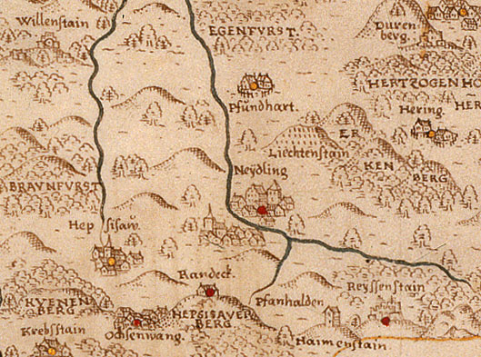 Neidlingen auf der Karte des Kirchheimer Forsts von Georg Gadner, um 1600 [Quelle: Landesarchiv BW, HStAS N 3 Nr. 1/15, Blatt 17 v]