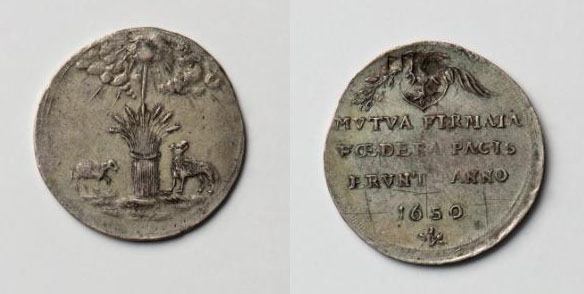 Medaille der Stadt Frankfurt auf den Nürnberger Exekutionstag, 1650, mit dem der Dreißigjährige Krieg definitiv beendet wurde [Quelle: Landesmuseum Württemberg MK 17001]