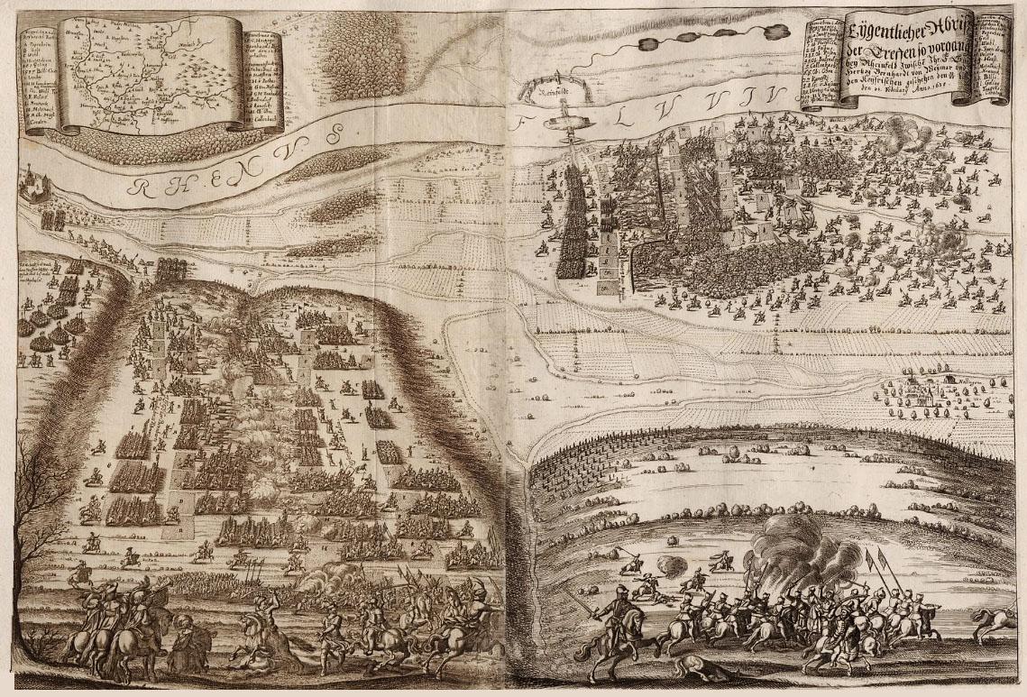 Reiterei in der Schlacht bei Rheinfelden, 1638, Illustration aus dem Theatrum Europaeum, Bd. 3 [Quelle: Württembergische Landesbibliothek]