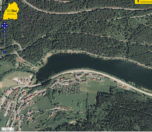 Die Nagoldtalsperre mit der Gemeinde Seewald-Erzgrube, Luftbild im Kartenmodul des LEO-BW-Ortslexikons - Quelle LGL BW