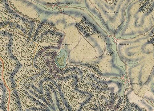 Der Nonnenmattweiher auf der Karte des Neuenweger und Heimbrunner Banns, angefertigt 1770-1780, anlässlich der ersten Landesaufnahme der Markgrafschaft Baden – Quelle LABW