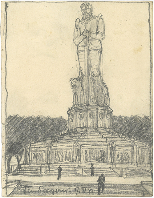 Skizze vom 17. Juni 1915. Titel: Den Siegern. Bleistift auf Papier, 20,1 x 15,6 cm. Vorlage LABW StAS Nachlass Xaver Henselmann FAS Sa A 7 T 1 Nr. 571