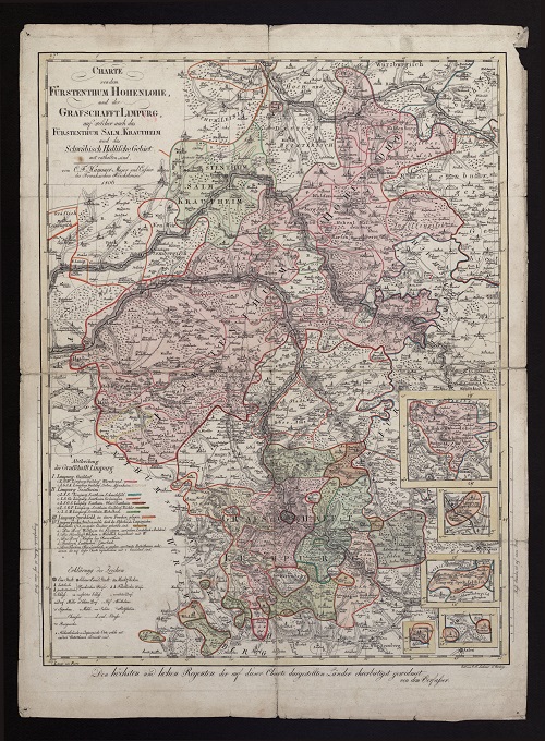Karte des Fürstentums Hohenlohe und der Grafschaft Limpurg von C. F. Hammer, 1806. Der Kartenausschnitt zeigt das hohenlohische Amt Mainhardt. Vorlage: Landesarchiv HZAN GA 105 Nr. 481