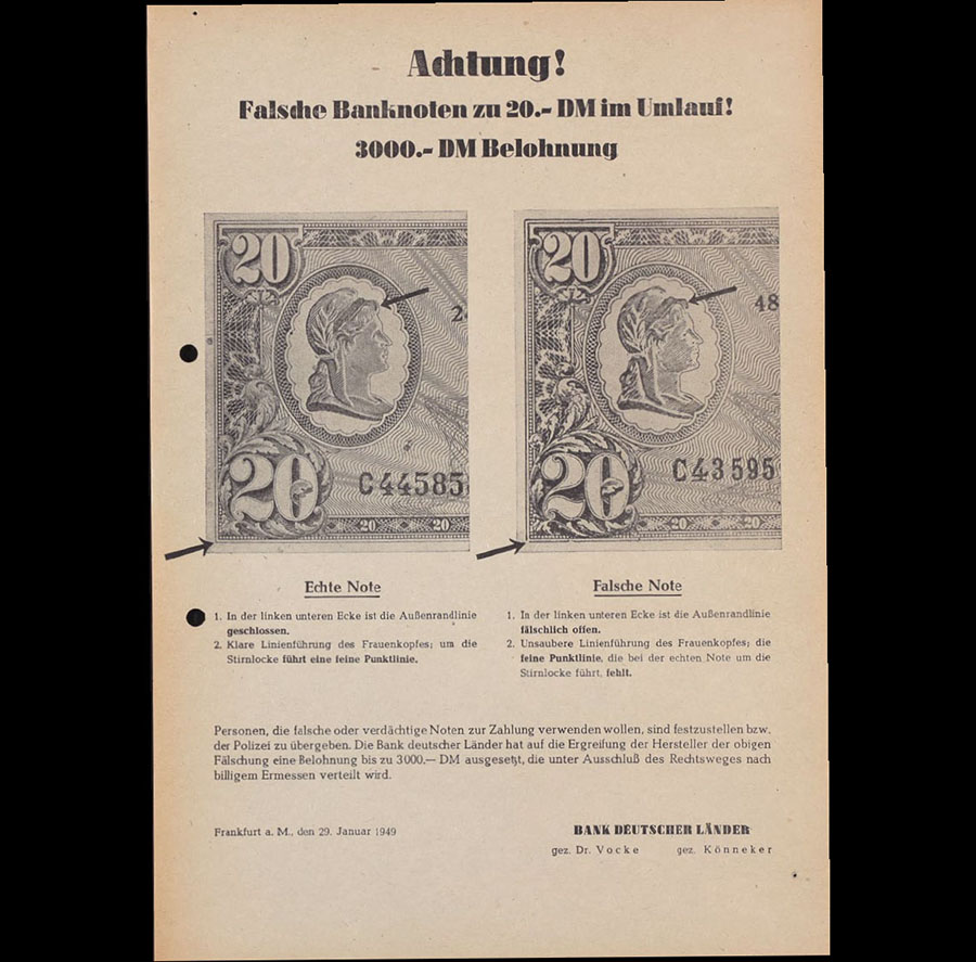 Falschgeldwarnung der Bank deutscher Länder vom 29. Januar 1949. Quelle: Landesarchiv BW, StAS Wü 120 T 1 Nr. 1548.. Zum Vergrößern bitte klicken.