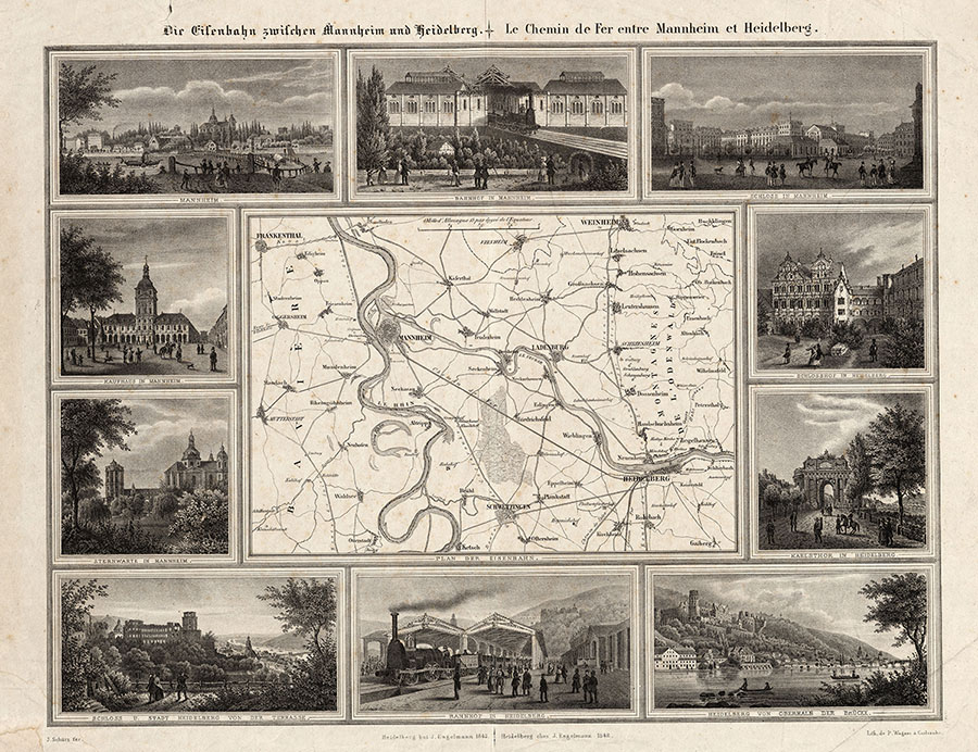 Übersichtsplan der Eisenbahnstrecke Mannheim – Heidelberg, 1842. Vorlage: Landesarchiv BW, GLAK J­B Baden (Land) Nr. 4. Zum Vergrößern bitte klicken.