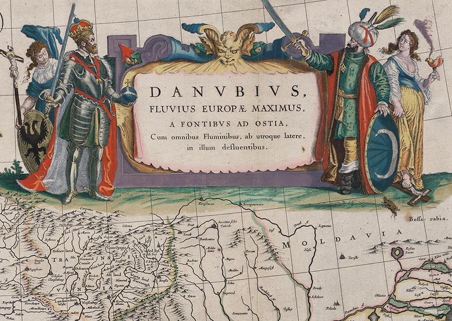 Kaiser und Sultan im Kampf um den Donauraum. Titelkartusche einer Landkarte von Willem Janszoon Blaeu, nach 1635. Vorlage: LABW, GLAK Hfk Pläne Be 5 rot. Zum Vergrößern bitte klicken.