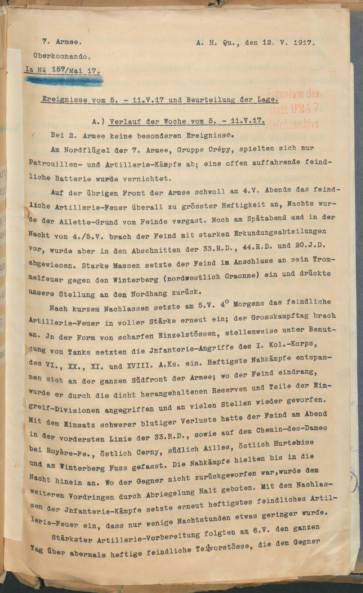 Lagebericht des Oberkommandos der 7. Armee vom 12. Mai 1917 (Quelle: Landesarchiv BW, GLAK 456 F 1/256) 