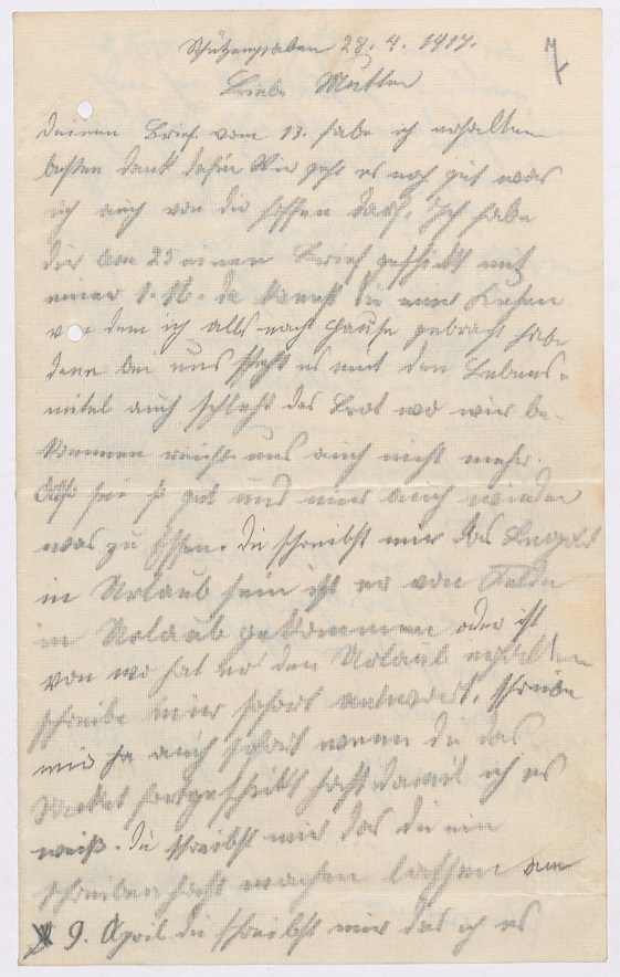  La dernière lettre du soldat Karl Anker écrite dans une tranchée le 28 avril 1917 (Quelle: Landesarchiv BW; GLAK 270/3359)