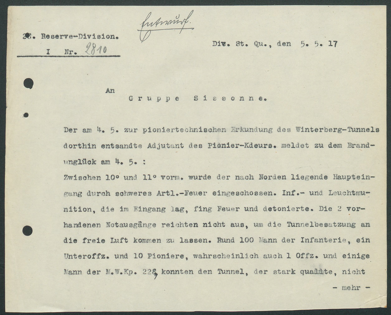 Meldung der 28. Reservedivision an die Gruppe Sissone vom 5. Mai 1917 (Quelle: Landesarchiv BW, GLAK 456 F 16/305) 