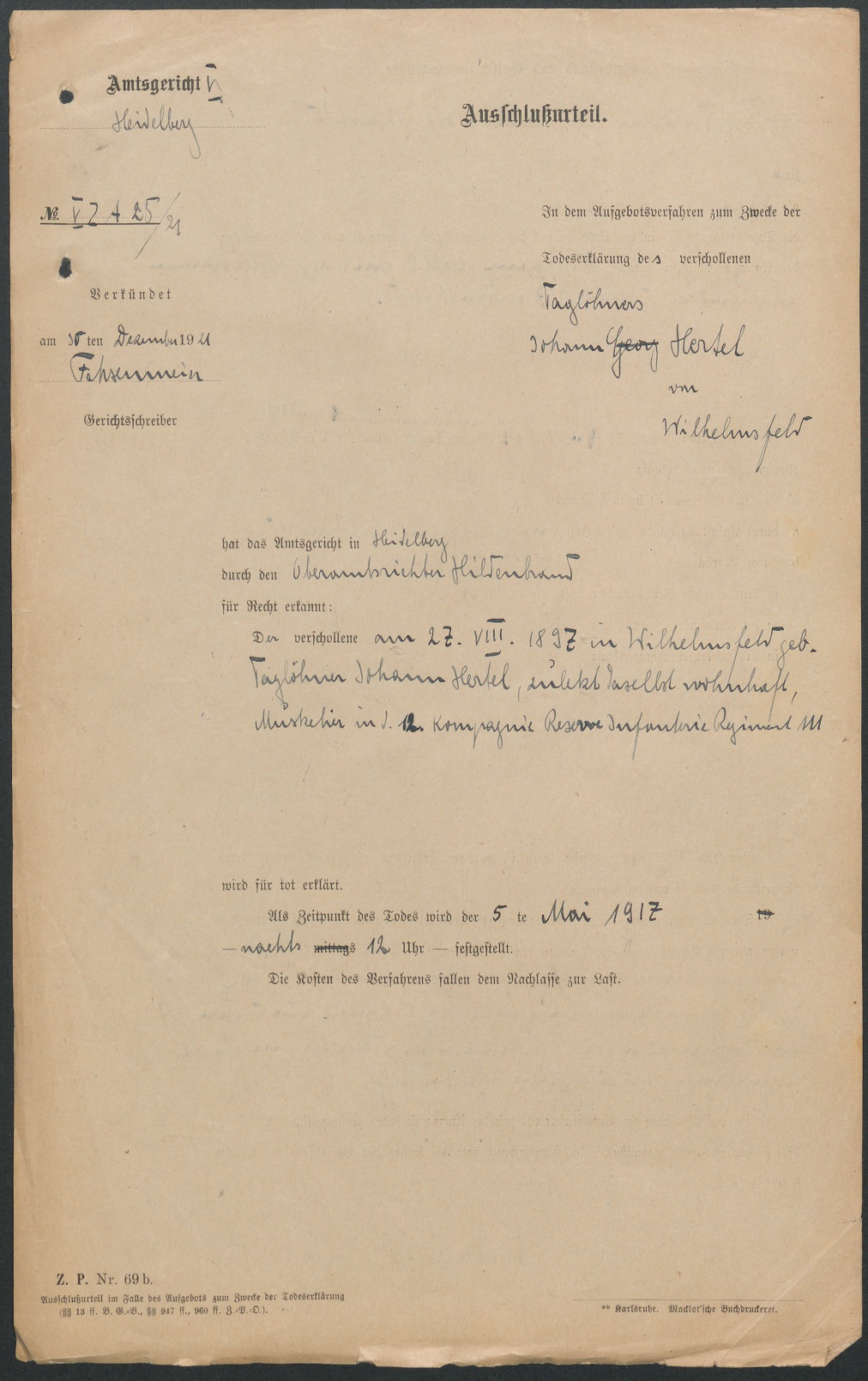 Todeserklärung durch das Amtsgericht Heidelberg (Quelle: Landesarchiv BW, GLAK 269/2911)