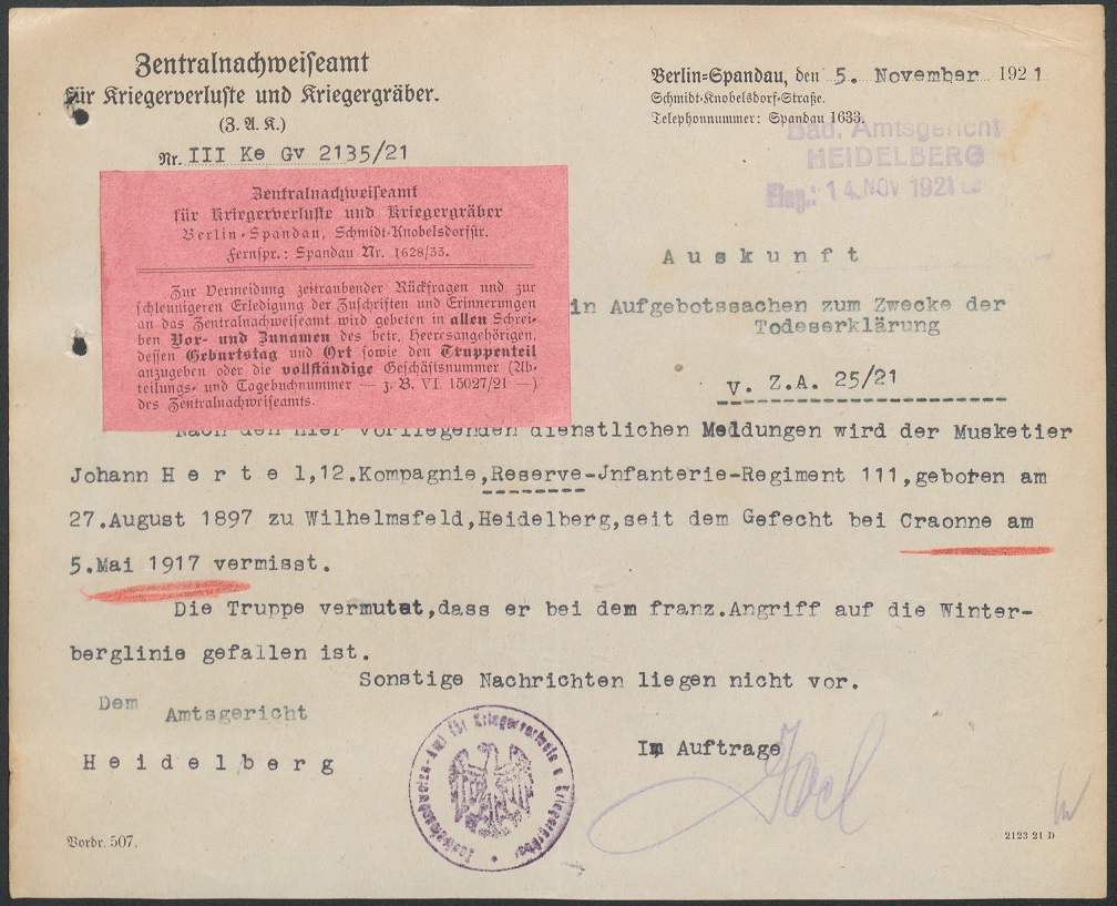 Information du Bureau de renseignement à Berlin (Source: Landesarchiv BW; GLAK 269/2911)