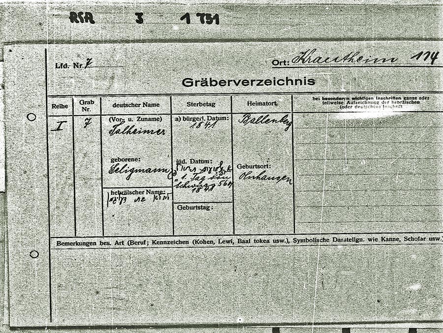 Eintrag für Seligmann Talheimer aus Ballenberg, verstorben 1841, im Gräberverzeichnis des jüdischen Friedhofs Krautheim. [Quelle: Landesarchiv BW, HStAS J 386 Bü 327, Bild 7]