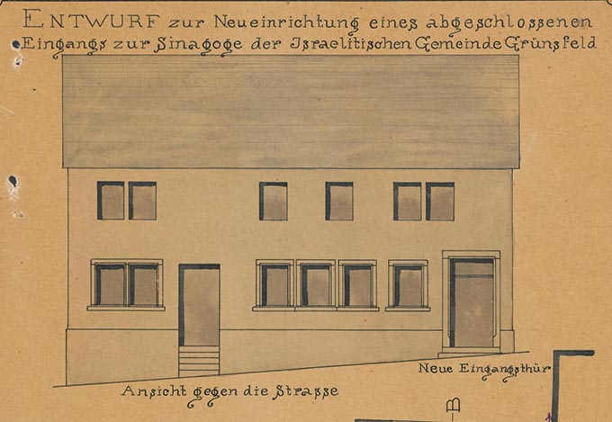 Pläne mit Außenansicht zum Umbau der Synagoge in Grünsfeld, 1893. Das Gebäude brannte 1931 ab. [Quelle: Landesarchiv BW, GLAK 380 Bezirksamt Tauberbischofsheim 4079]