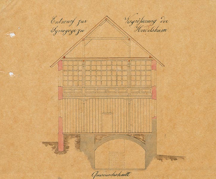 Pläne mit Entwürfen zur Vergrößerung der Synagoge in Heidelheim, 1833(?) Das Gebäude wurde nach dem Zweiten Weltkrieg umgebaut und später für Wohnzwecke genutzt. [Quelle: Landesarchiv BW, GLAK 344 3419]