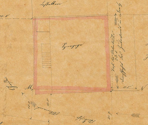 Lageplan zur Vergrößerung der Synagoge in Heidelsheim, 1833(?) Das Gebäude wurde nach dem Zweiten Weltkrieg umgebaut und später für Wohnzwecke genutzt. [Quelle: Landesarchiv BW, GLAK 344 3419]