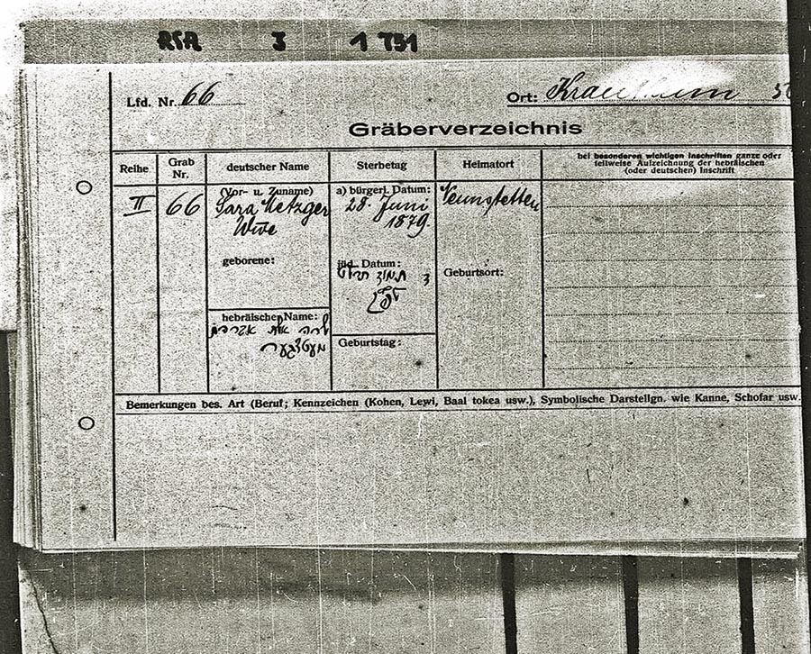 Eintrag für die Witwe Sara Metzger aus Neunstetten, verstorben am 28. Juni 1879, im Gräberverzeichnis des jüdischen Friedhofs Krautheim. [Quelle: Landesarchiv BW, HStAS J 386 Bü 327, Bild 66]
