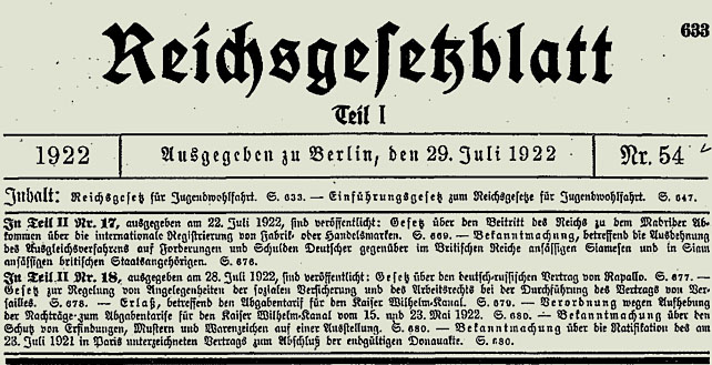 Auszug aus dem Deutschen Reichsgesetzblatt von 1922 [Quelle: Wikimedia commons s. Bildnachweis]. Zum Vergrößern bitte klicken.