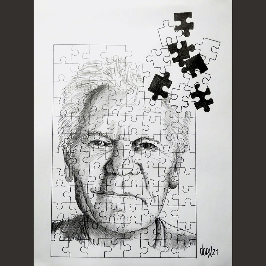 Willy Dorn – Portrait, Puzzle (Zeichnung) [Quelle: Willy Dorn]. Zum Vergrößern bitte klicken.