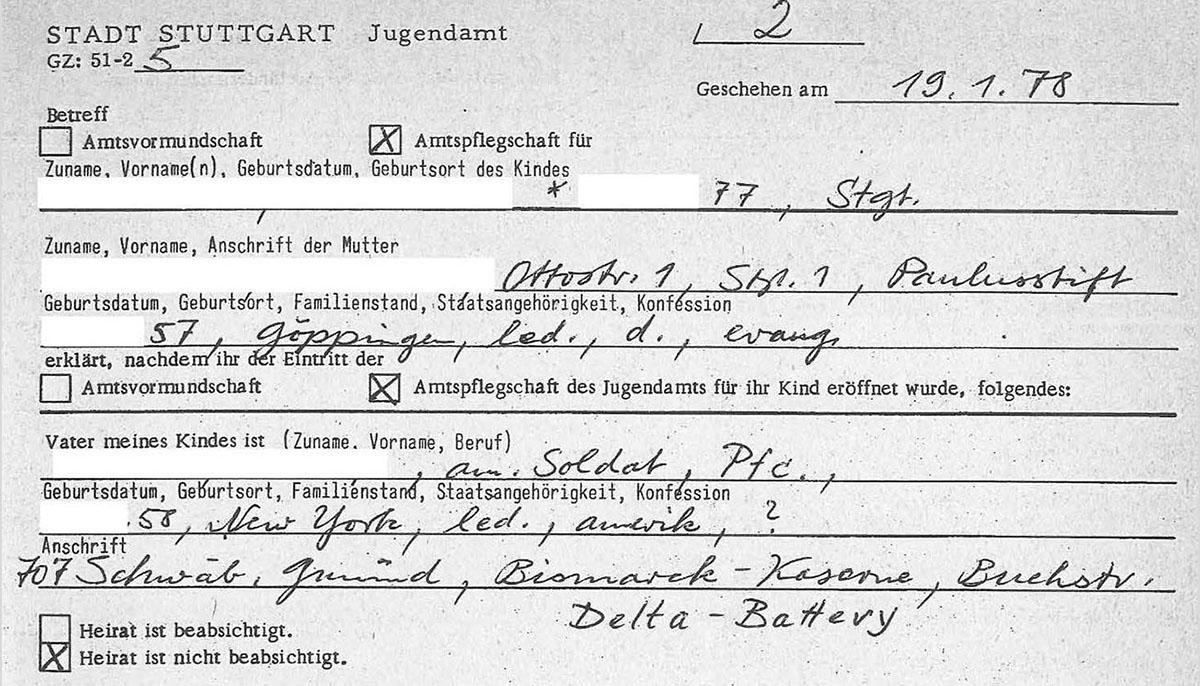 Fragebogen zur Vaterschaft, Jugendamt der Stadt Stuttgart, 1978 [Quelle: Landesarchiv BW, Projekt Heimerziehung 1949–1975]. Zum Vergrößern bitte klicken.