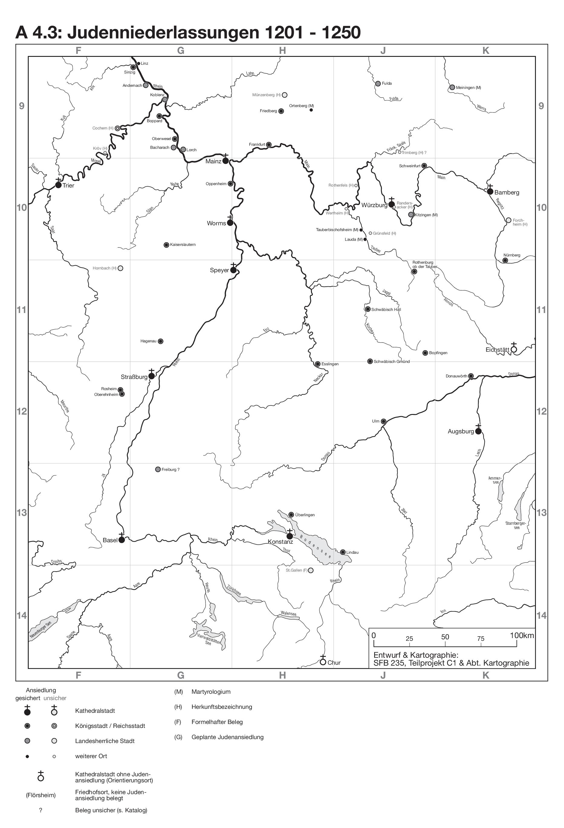 Karte A 4.3 Judenniederlassungen von 1201 bis 1250