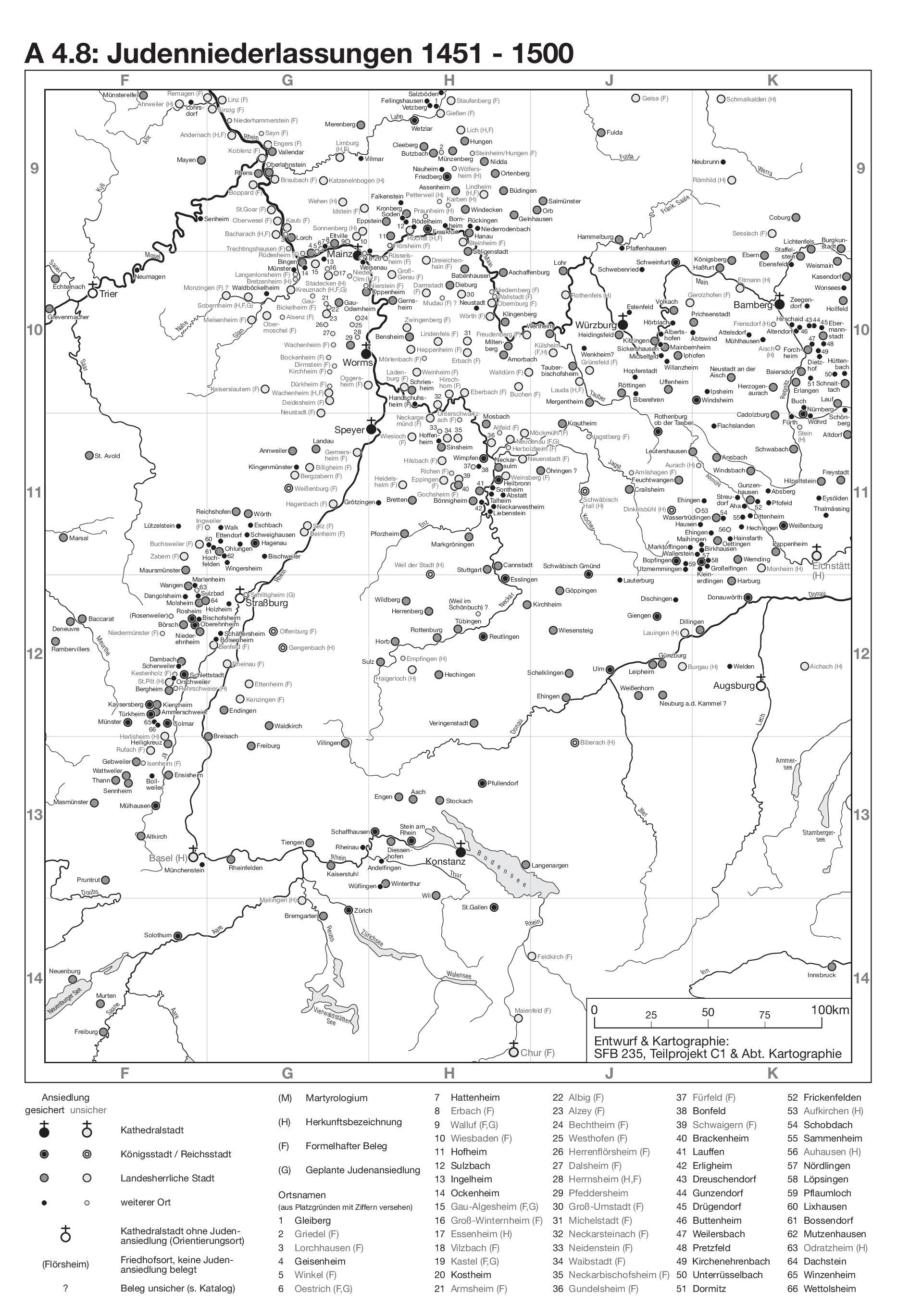 Karte A 4.8 Judenniederlassungen von 1451 bis 1500