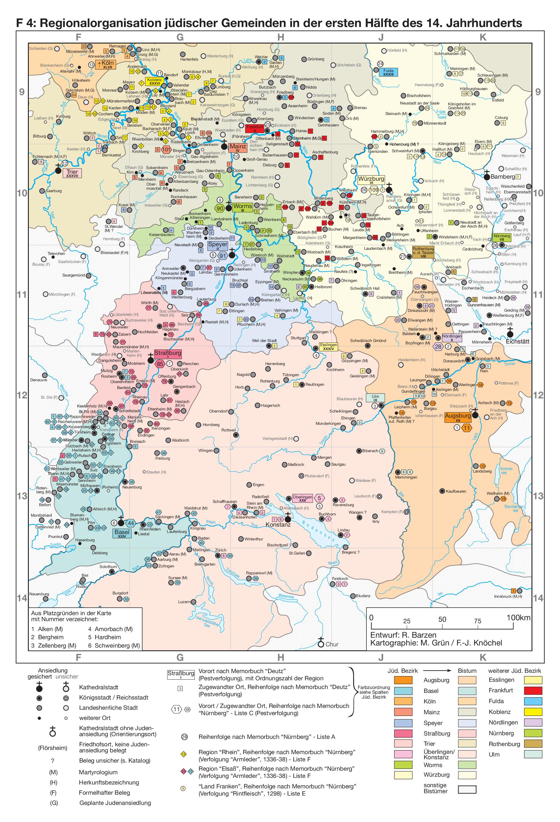 Karte F 4 Regionalorganisation jüdischer Gemeinden in der ersten Hälfte des 14. Jahrhunderts