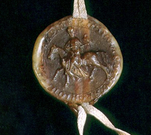 Reitersiegel Irmingards, 1259: Irmingard war die Witwe Markgraf Hermanns V. von Baden (HStA A 514 U 638)