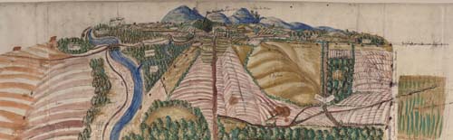 Die Schlösser Hohenbaden und Alteberstein am Rand des Schwarzwalds, Landtafelkarte von Hanß Caspar Knoder, 1559 (GLA H Kuppenheim 11)