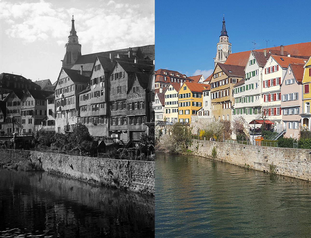 Tübingen gestern und heute: Blick auf die Neckarfront