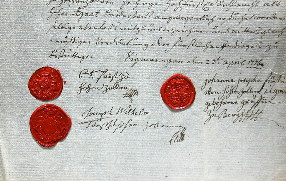 Unterschriften der Ehegatten und des Fürsten Joseph Wilhelm von Hohenzollern-Hechingen zum Trennungsvertrag vom 23. April 1776. Vorlage: Landesarchiv StAS FAS DS 1 T 8-10 Nr. 284