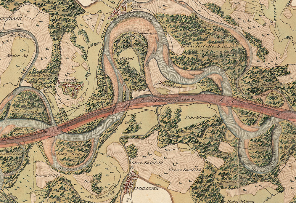 Rheinbegradigung zwischen Neuburg und Sondernheim, 1825. Vorlage: Landesarchiv BW, GLAK H Rheinstrom Nr. 72