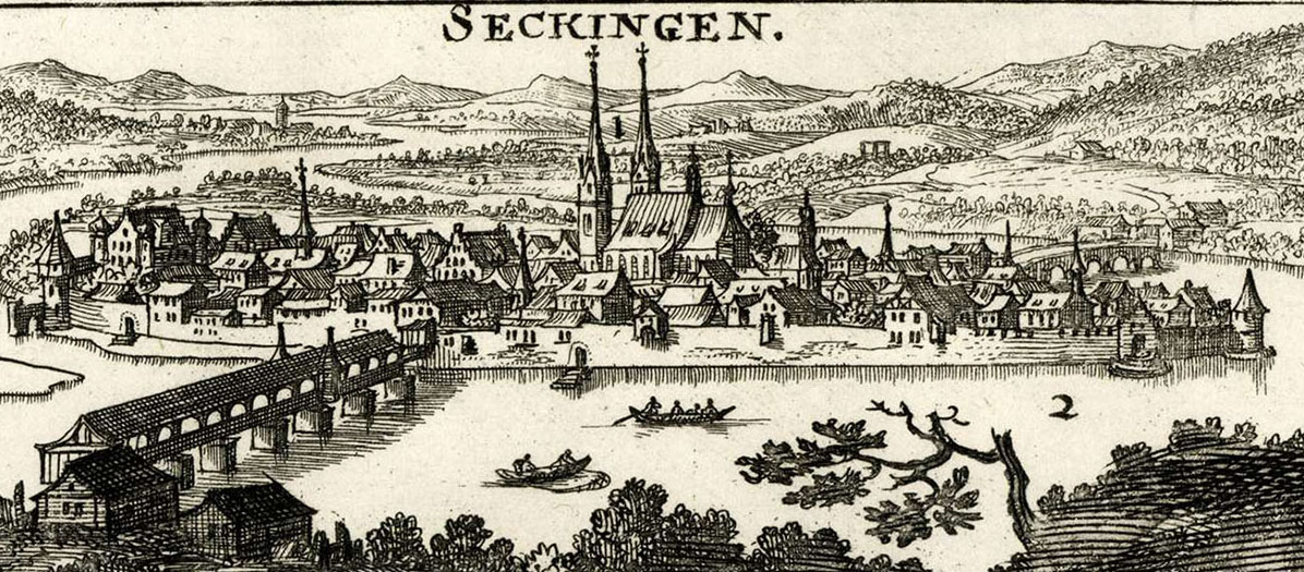 Seckingen, Kupferstich, erschienen in: Ausführliche Beschreibung des jungen Rheinstroms, Nürnberg 1690, (Quelle: Landesarchiv BW, GLAK J-B Säckingen 7)