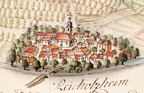 Die auf einer Karte von 1817 dargestellte Kirche entspricht nicht dem Bau, in dem Valentin Purmann wirkte. Der Neubau wurde unter Abt Joseph Hartmann (1699–1724) begonnen und 1713 vollendet. Vorlage: Landesarchiv BW StAWt-R K Nr. 396