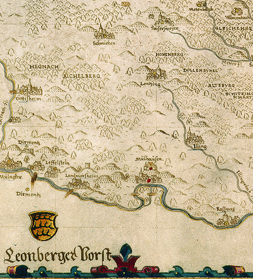 Auch im Herzogtum Württemberg wurden Täufer Opfer von Verfolgungen, so in Illingen, hier auf der Karte des Reichenberger Forsts von Georg Gadner (um 1600) – Quelle LABW/HStAS