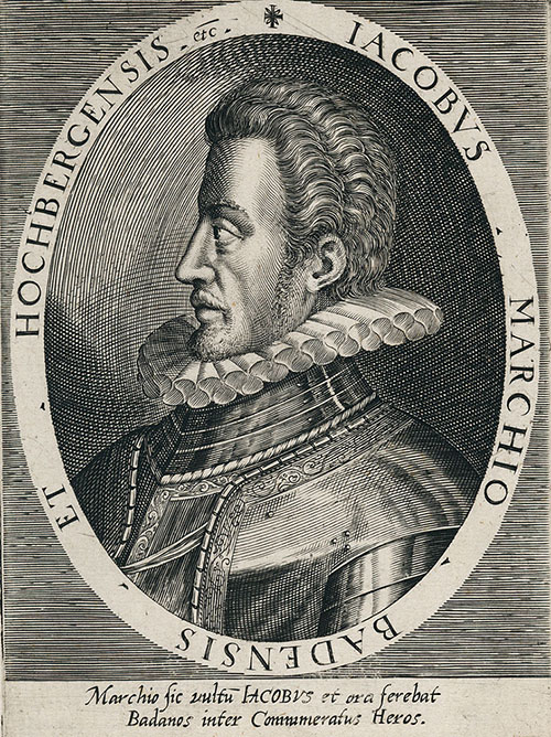 Markgraf Jakob III. von Baden-Durlach (1562-1590). Kupferstich, aus: Dominicus Custos: Atrium heroicum (...). Augsburg 1600-1602. Vorlage: Landesarchiv BW GLAK J-Aa-J/3